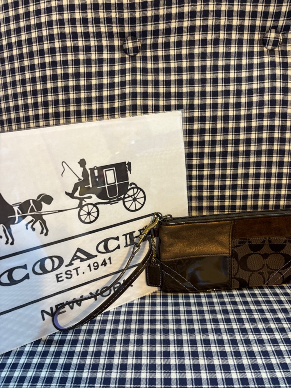 Coach Dark Brown Signature patchwork Wristlet with Leather Trim retired pattern